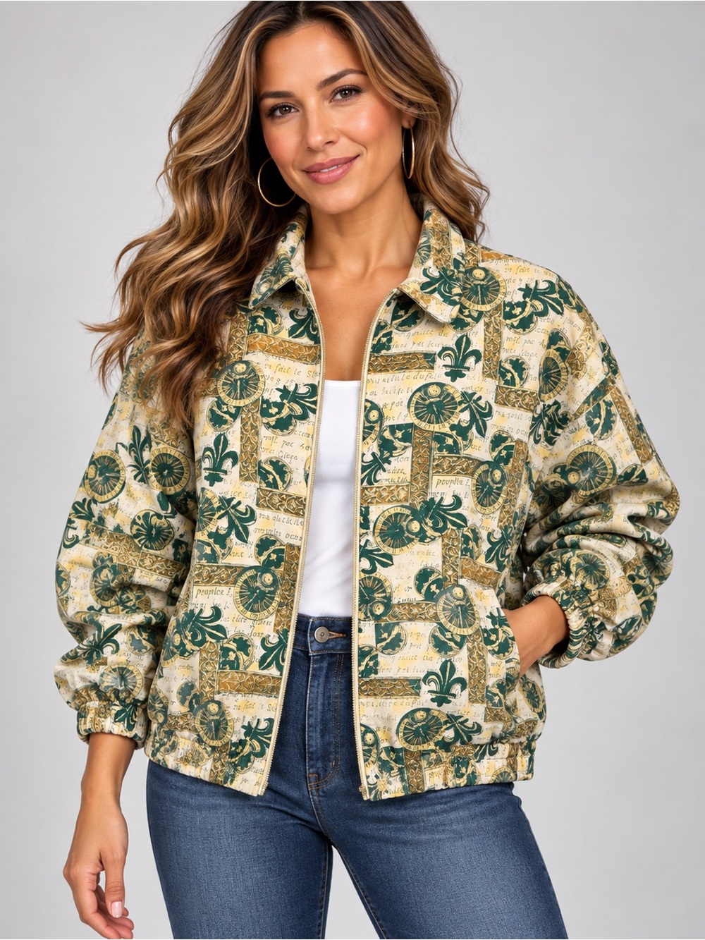 Oleg Cassini Team Effort 100% Silk Jacket S Vintage French Sundial Fleur-De-Lis